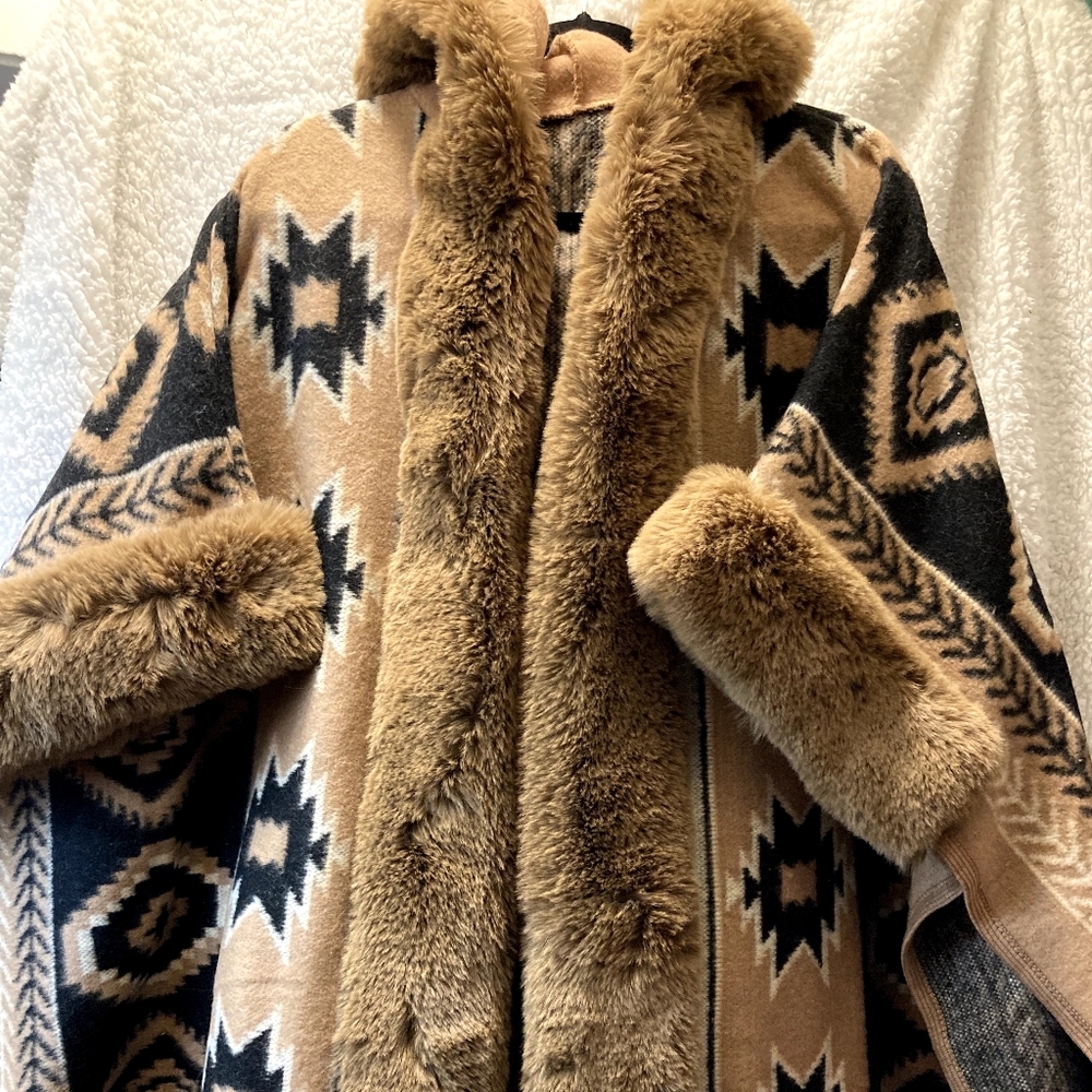 Women's Tan and Black Faux Fur Trim Wool Cape